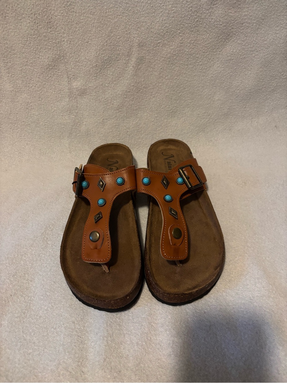 Natural Reflections Brown Sandals with Turquoise Studs
